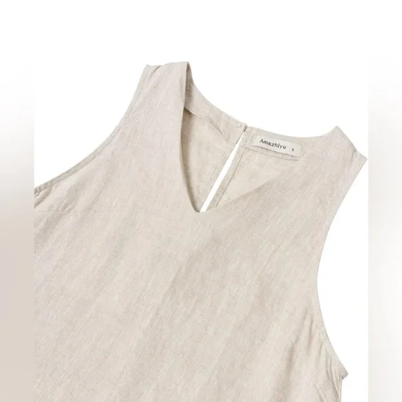 Amazhiyu Womens 100% Linen Summer V Neck Sleeveless Back Keyhole Mini Tank Dress - Picture 4 of 5